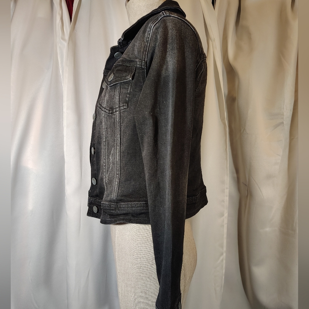 Prana Denim Crop Jacket, Black Distressed Jean  Pockets,Collar,BttnUp,Stretch,XS - Picture 7 of 8